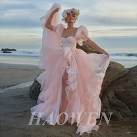haowen baby pink organza princess prom dresses short puff sleeves ruffles high slit a line prom gowns formal party dresses