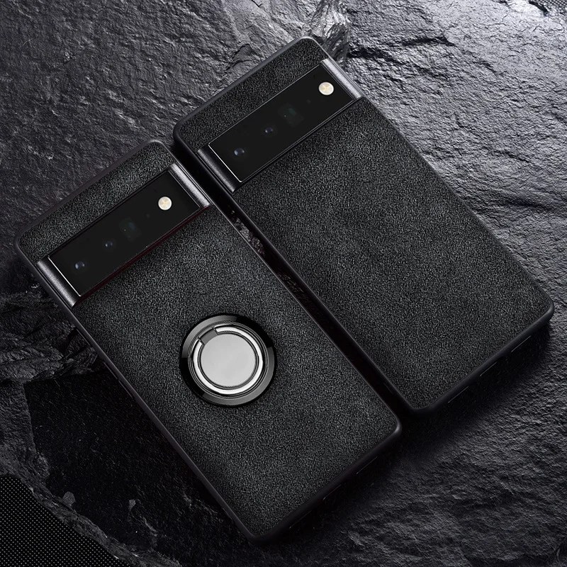 

Leather Case with Ring Holder Stand for Google Pixel 7 7A 7pro Black Alcantara Phone Protective Back Case for 6 6A 6pro 5 5A