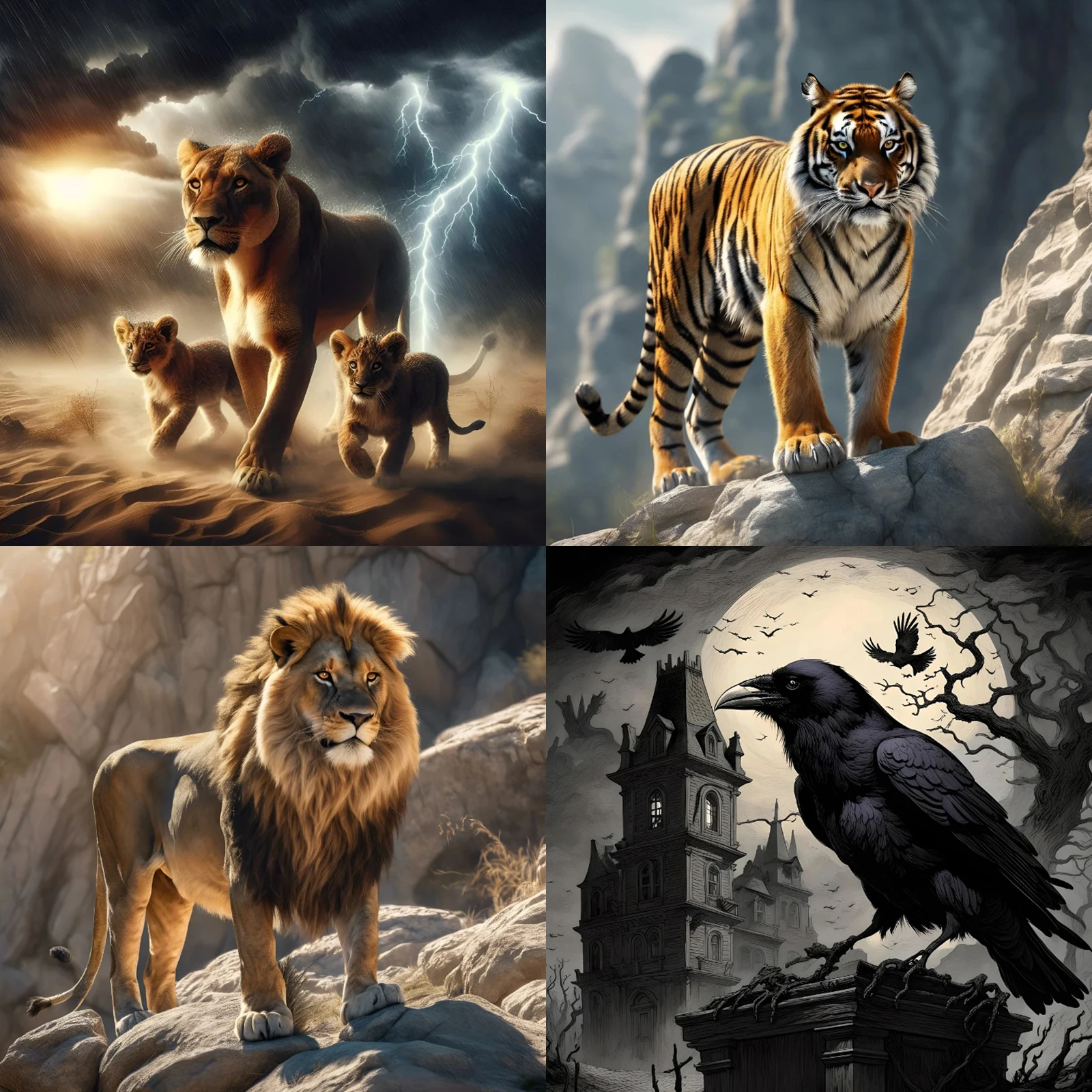 DIY 5D Комплект Алмазной Живописи Мошенный Пейзаж С Молнией Тигрой Львом Ворон