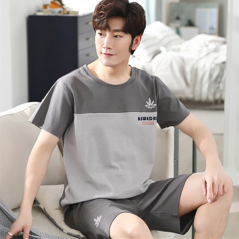 CAIYIER Summer Cotton Pajamas Set For Men Grey Soft Casual Nightwear O-Neck Male Print Leisure Sleepwear Homewear Suit M-3XL