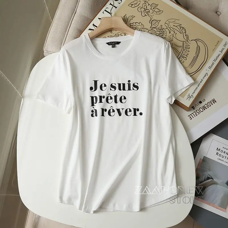 

ZAAHONEW 2022 Summer Woman Fashion Cotton White Printing T-Shirt Female Leisure Crew Neck Short Sleeve Tee Top