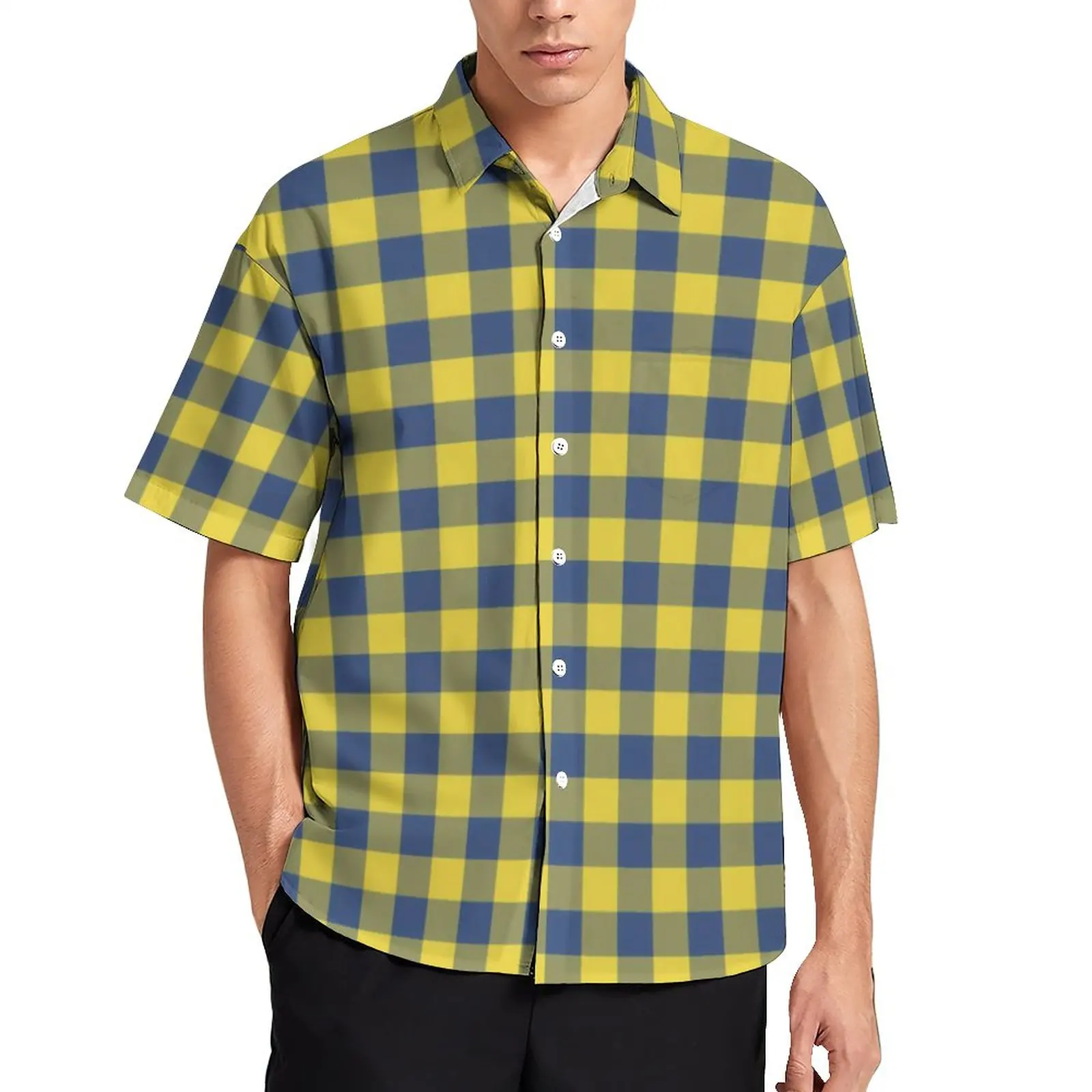 

Retro Buffalo Plaid Casual Shirt Mens Yellow Blue Checks Hawaiian Shirt Vintage Blouses Short Sleeves Oversized