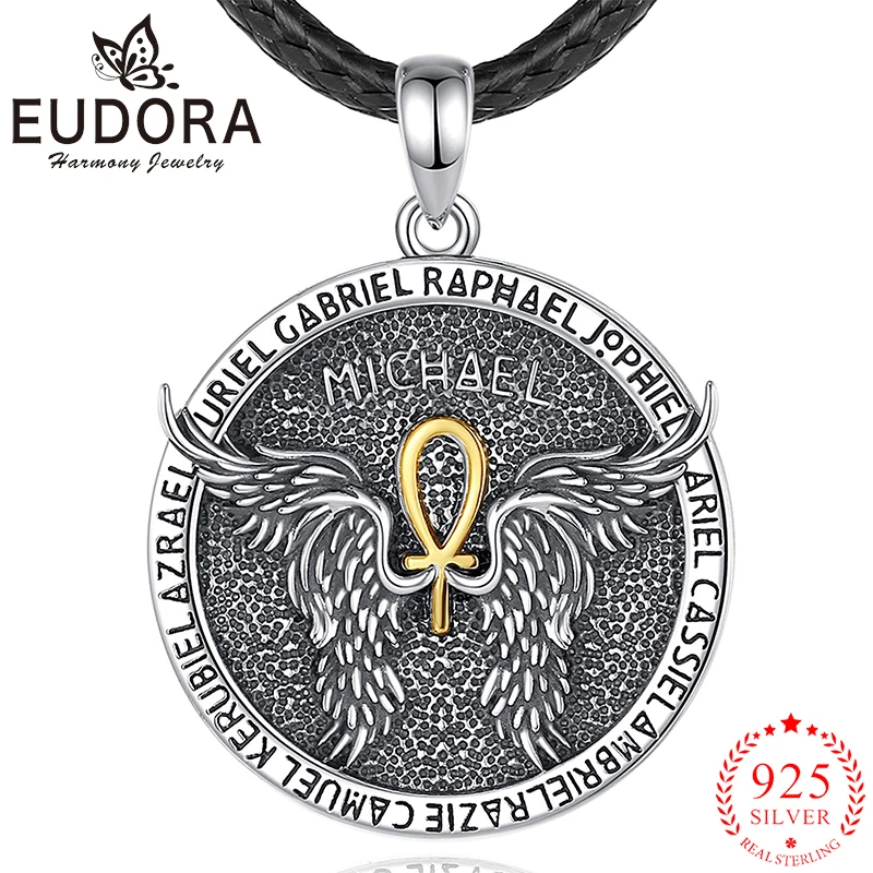 

Eudora 925 Sterling Silver St. Michael Archangel Wings Necklace Ankh Cross Vintage Religious Pendant Fine Jewelry for Men Women
