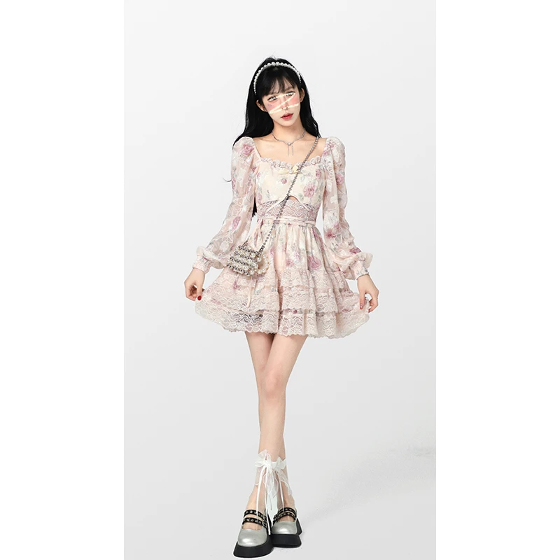 

Женское кружевное платье-трапеция, Розовое Шифоновое короткое платье с длинным рукавом и квадратным вырезом, с юбкой в винтажном французском стиле для отпуска