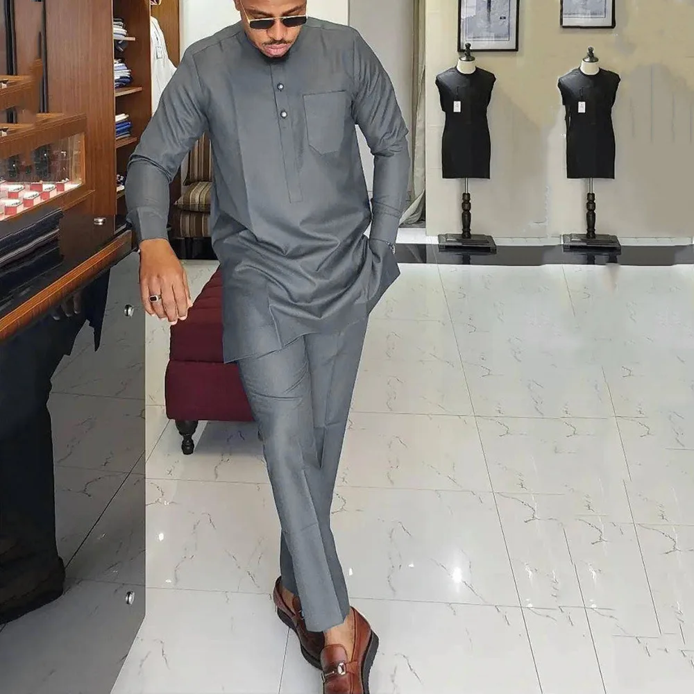 Muslim Fashion Men Suit Middle East Solid Color Simple African Casual Suit 2-piece Set Pakistan Islamic Clothing Jubba Men 2022