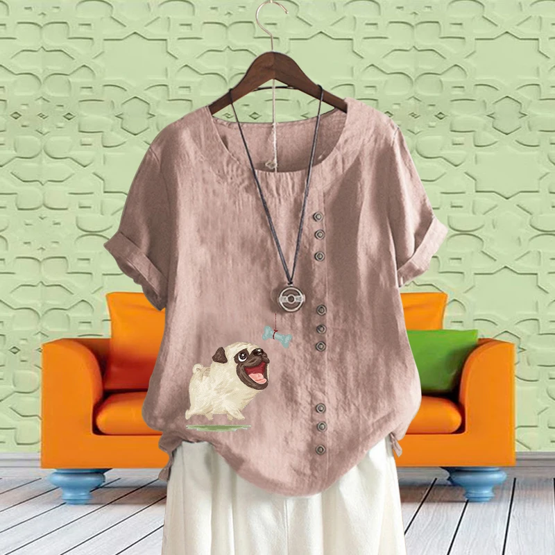 

New Summer Ladies Cute Dog Bone Printed Loose Solid Color T-shirt Comfortable Linen Round Neck Plus Size Short Sleeve Top XS-5xl
