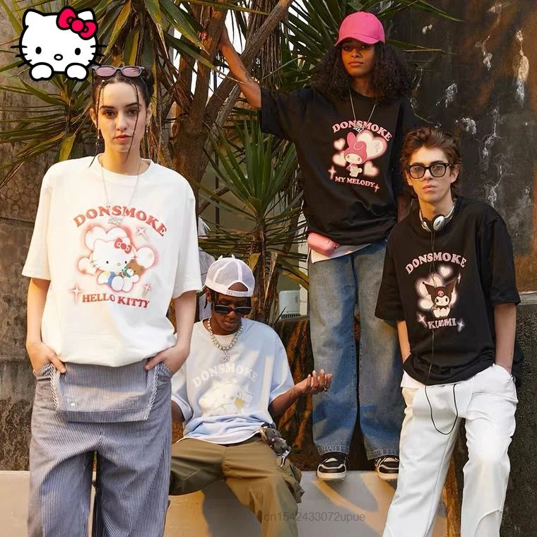 Sanrio-Camiseta con estampado Popular de Hello Kitty para hombre y mujer, Top de manga corta para pareja, ropa Vintage, camisetas holgadas Y2k