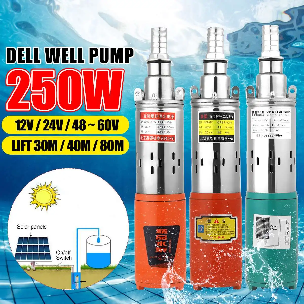 

12V/24V/48V High Lift 60m Solar Water Pump High Pressure Deep Well Pump Submersible DC Pump Agricultural Irrigation Garden Home