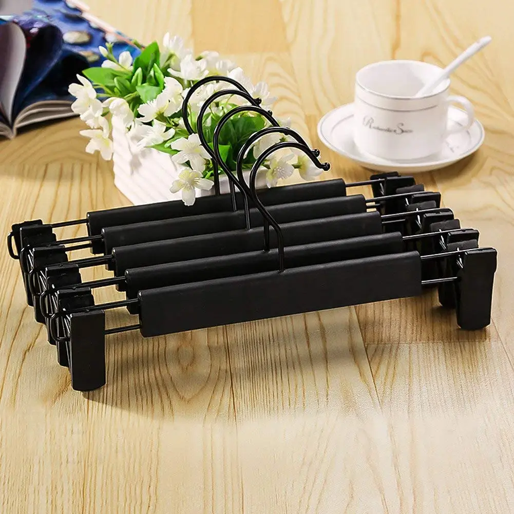 

10Pcs Trouser Hangers Black Skirt Hanger for Clothes Rack with Adjustment Plastic Grip Pant Hangers 360° Hook Jean Hangers