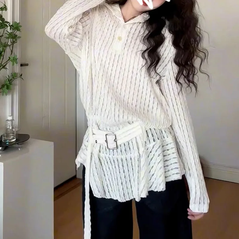 Miss Straw Stalked Girl White Hollow Lace Frill Long sleeve Knit Female Spring Waist Hugging |