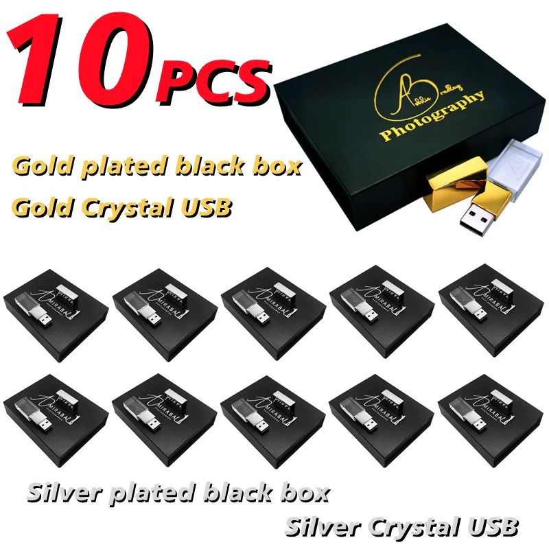 10PCS/Lot Free Custom Studio LOGO Gold/Silver Plated Black Box with Gold/Silver Crystal USB2.0 Flash Drive 16GB 32GB 64GB 128GB