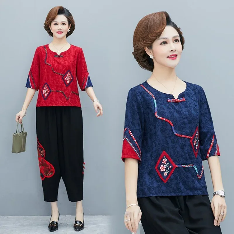 Винтажный хлопковый льняной костюм с вышивкой для женщин среднего возраста