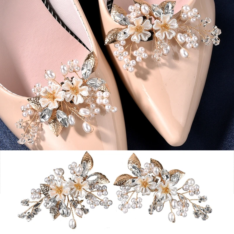 

2pcs Pearl Shoe Clips Rhinestone Flower Shoe Buckles Party Shoes Decor for Bride T8DE