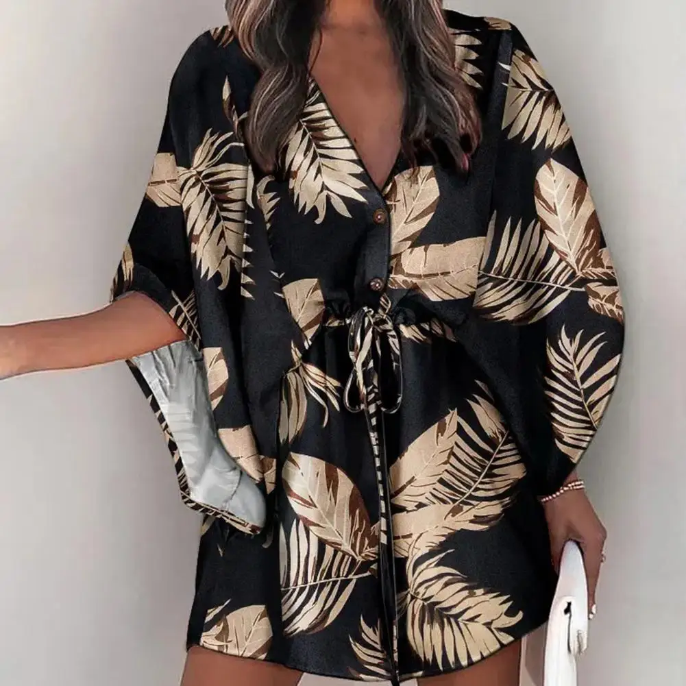 

Летние пляжные мини-платья, женские повседневные платья в стиле бохо с принтом, V-образным вырезом, завязками, пуговицами и рукавами «летучая мышь», женское сексуальное платье, платья