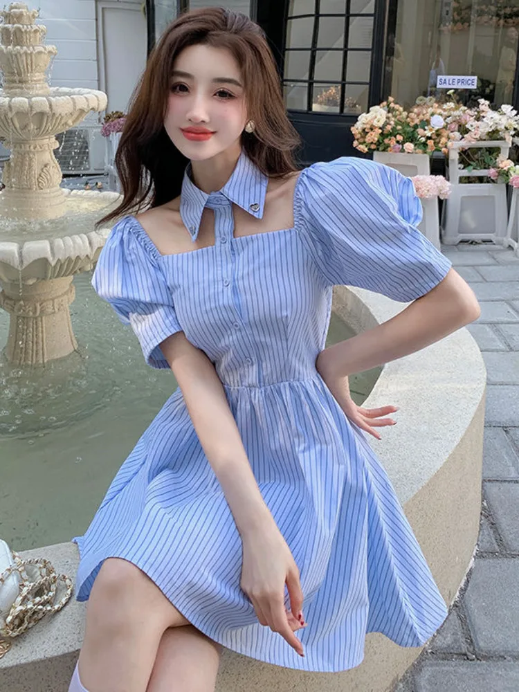 

Summer Blue Striped Elegant Dress Women Sexy Off Shoulder Shirt Dress Female Korean High Waist Party Mini Casual Dresses