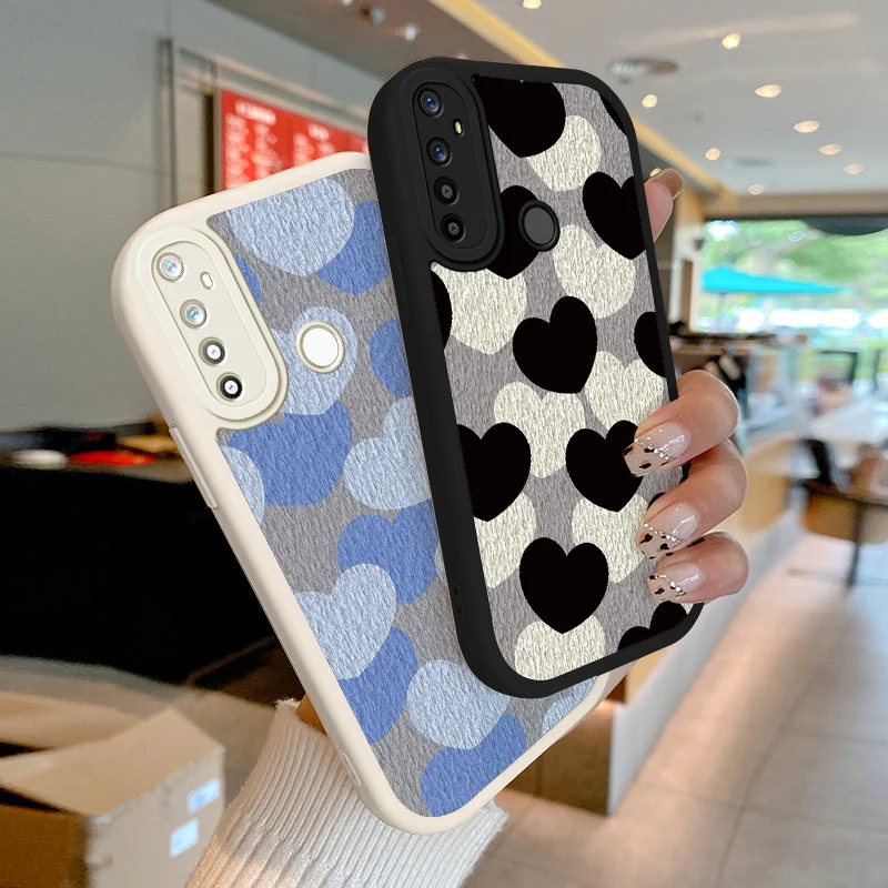 

Black and White Small Love Lambskin Leather Phone Case for Realme 5 5i 5S 6 6i 6S Realme 7 4G Global 7i 8 Pro C17 Narzo 20 Pro