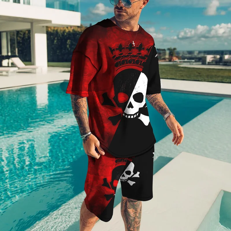 

2 Piece Tracksuit Men Set Summer Sweatpants Suit Popular Skull Graphics T Shirt Beach Casual Shorts New 3D Print XO Man Clothes