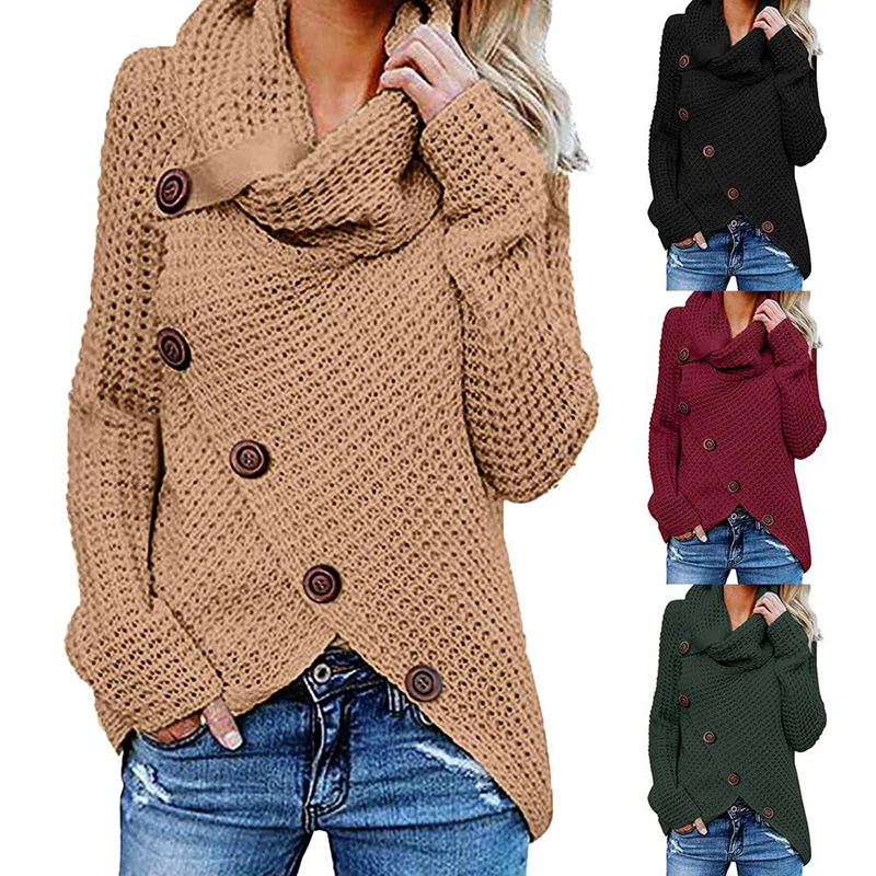 

Scarf Collar Sweaters Pullovers Female Crossed Fashion Warm Crocheted Long Sleeve Button Sweater Autumn Winter Irregular Tops