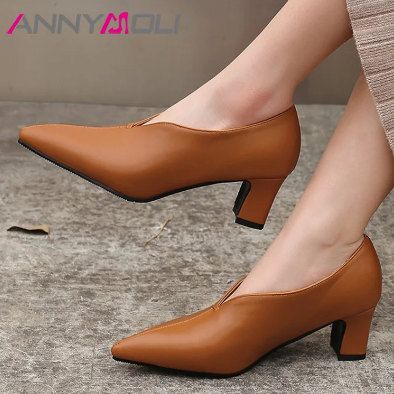 

Туфли-лодочки ANNYMOLI женские из искусственной кожи, перчатки, обувь на толстом каблуке, заостренный носок, модные вечерние, ярко-серые, 33-46, для весны и осени