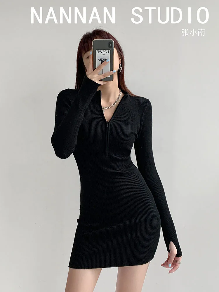 

Женское трикотажное мини-платье, однотонное облегающее винтажное платье на молнии, с длинным рукавом и лацканами, Осень-зима 2022