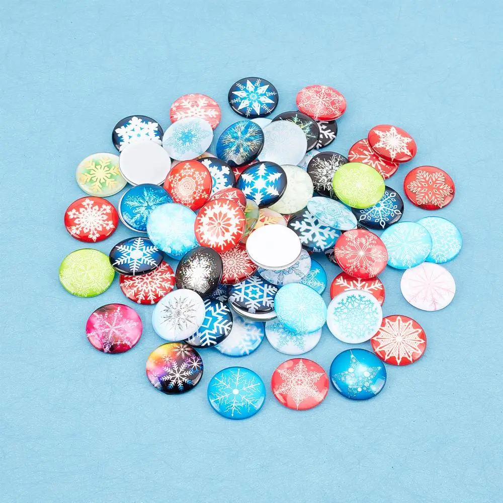 70Pcs Colored Snowflake Pattern Glass Cabochons 25mm Dome Flatback  Spacers for DIY Christmas Theme Jewelry Making Accessories