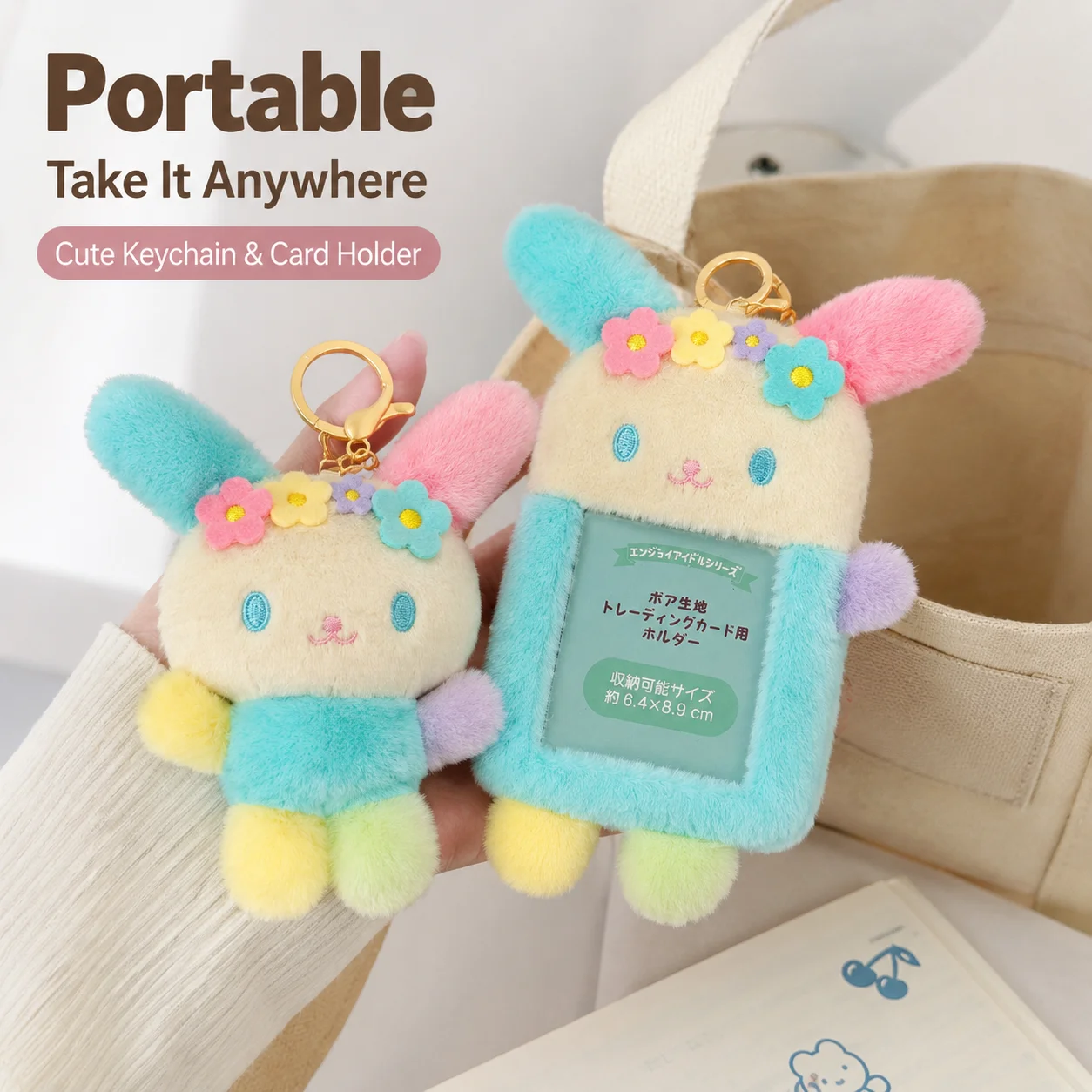 Фото Плюшевый держатель для фотокарточек Sanrio Usahana, милый мультяшный кролик, держатель для ID-карт, плюшевая кукла-брелок для сумки/рюкзака №3