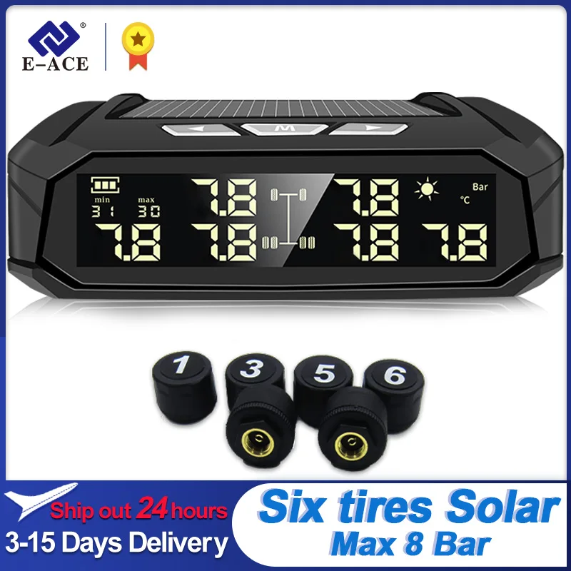 

E-ACE Solar TPMS 6 sensors Car Tire Pressure Alarm Monitor System Tyre Temp Digital Display Auto USB Charging Security Alarm