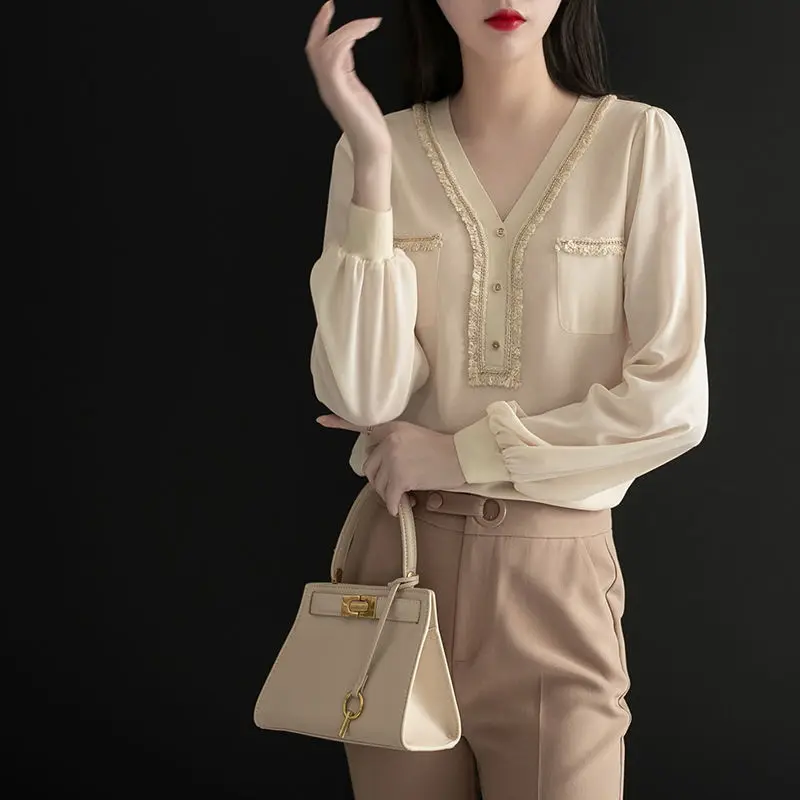 

Simplicity Patchwork Loose Pullovers Autumn New V Neck Long Sleeve Solid Color Knitting Tops All-match Fashion Women Clothing