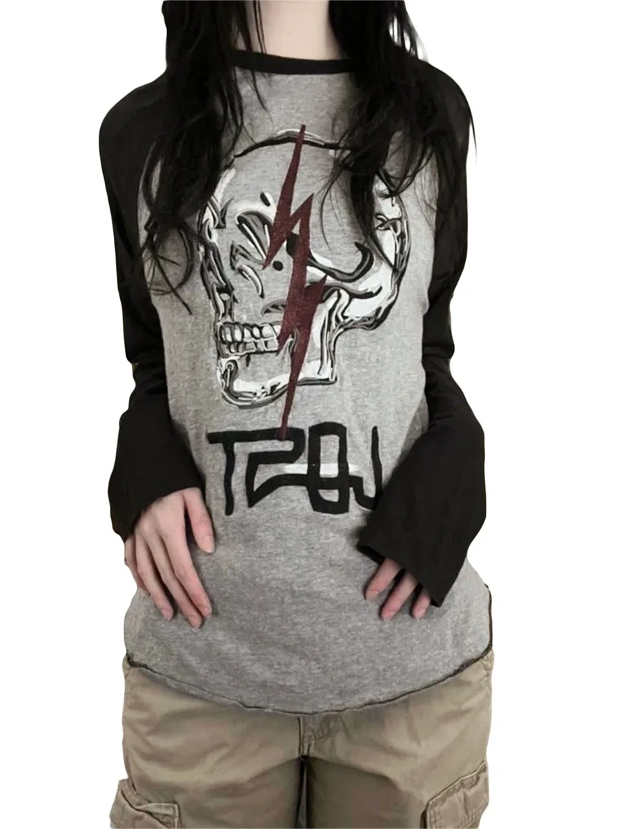 

Women's T-Shirt Long Sleeves Round Neck Skull Print Women's Fall Tops Casual Everyday Skull Raglan Sleeve Street Wear Tops