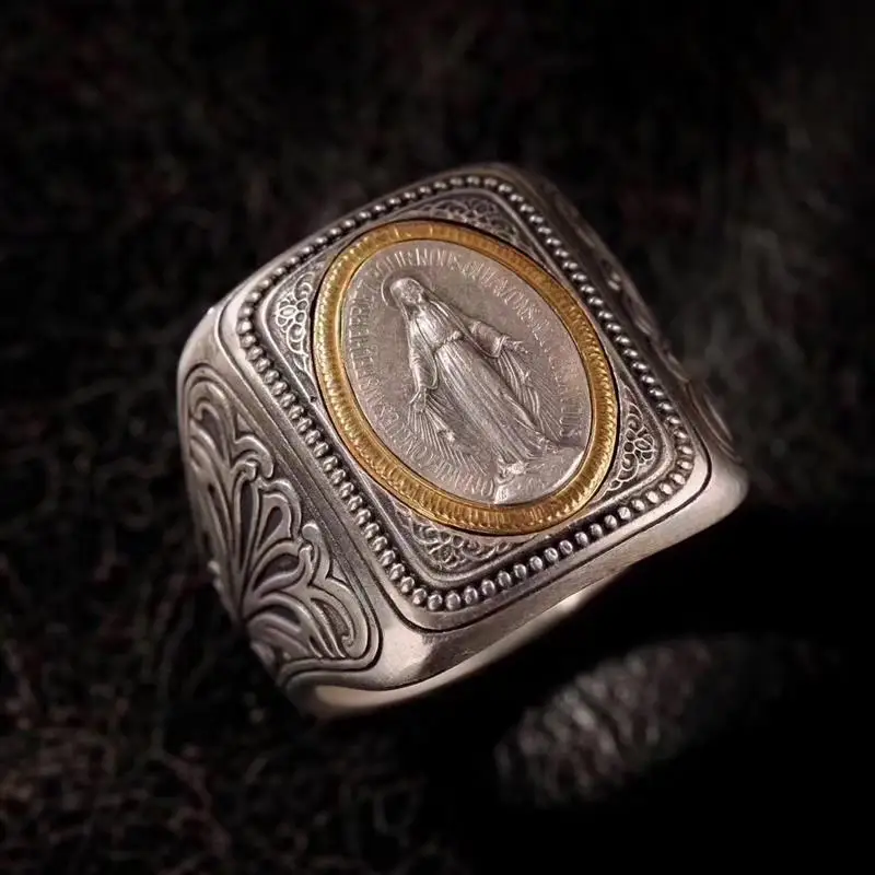 

New Hand-inlaid Vintage Silver Ring Literary Faith Holy Brand Ancient Coin Atmosphere Ring Male Jewelry Accessories