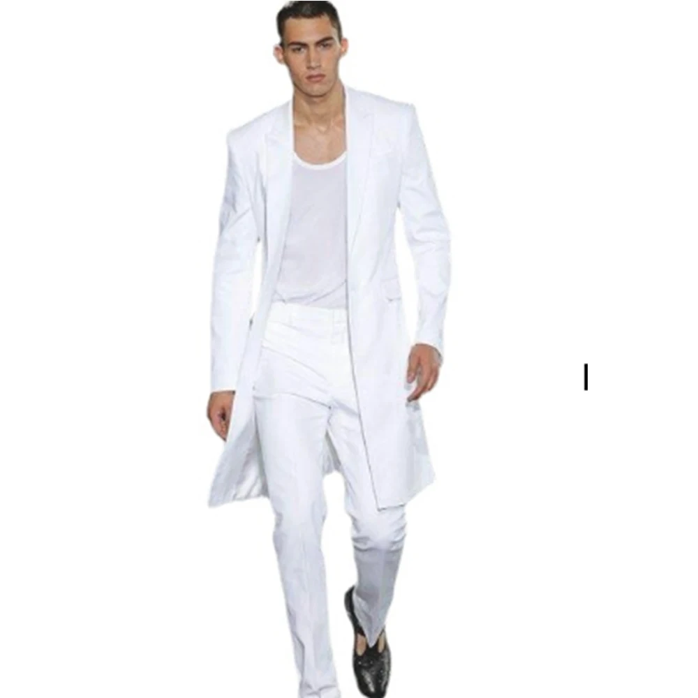 Summer Long Jacket White Trousers Groom Tuxedos Wedding Suits for Men Peaked Lapel Man Blazers 2 Pieces Coat Pants Prom Party