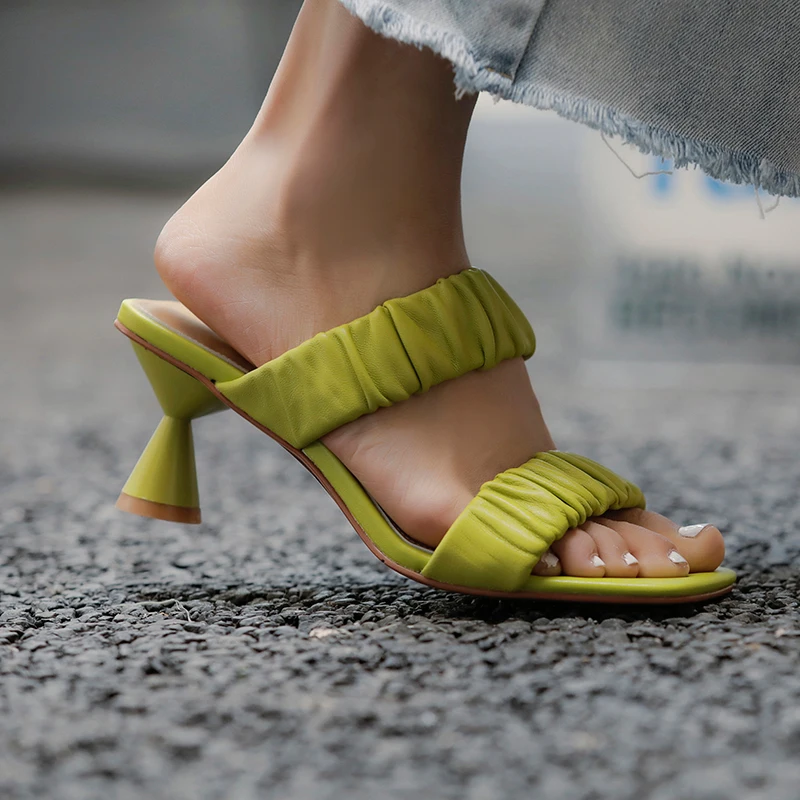 

Summer Pleated Design Sandals Soft Sheepskin Pumps Slip On Women Shoes Open Toe High Heels 6 CM Heel French Style Slippers
