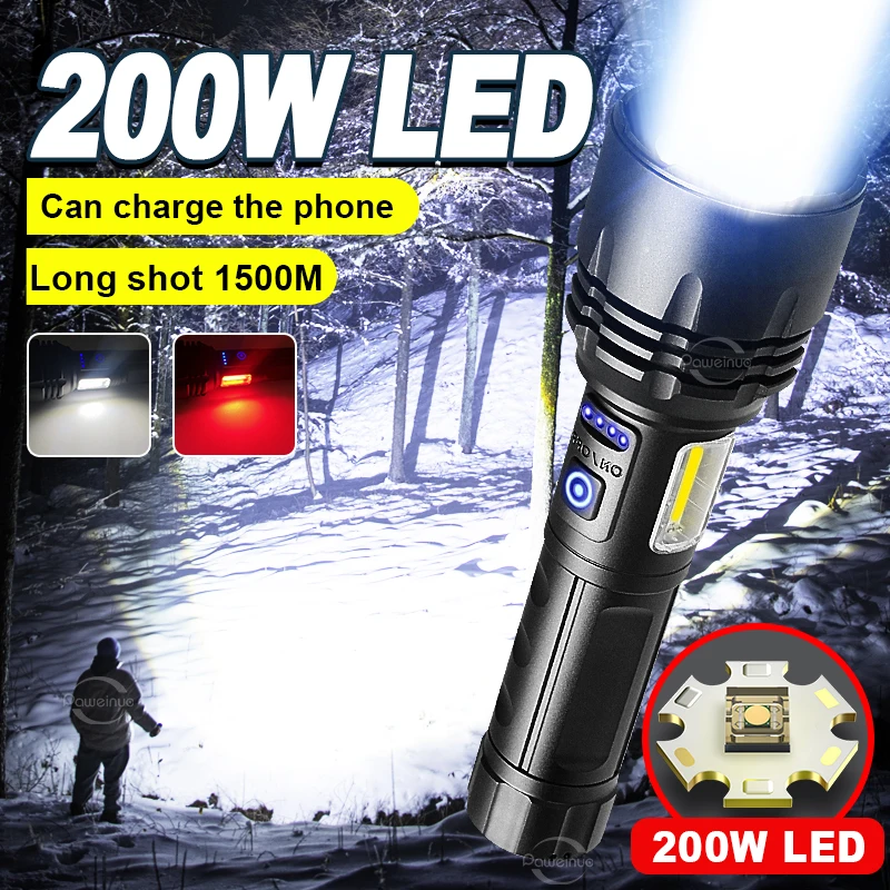 

10000000LM 200W with COB Brightest Flashlight XHP200 High Power Led Flashlights Powerful Torch Light Lighting 1500M Power Bank