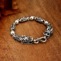 Vintage Chinese Style Bracelet Double Dragon Head Sterling Silver Bracelet Men's and Women's Hip-hop Fashion Exquisite Jewelry