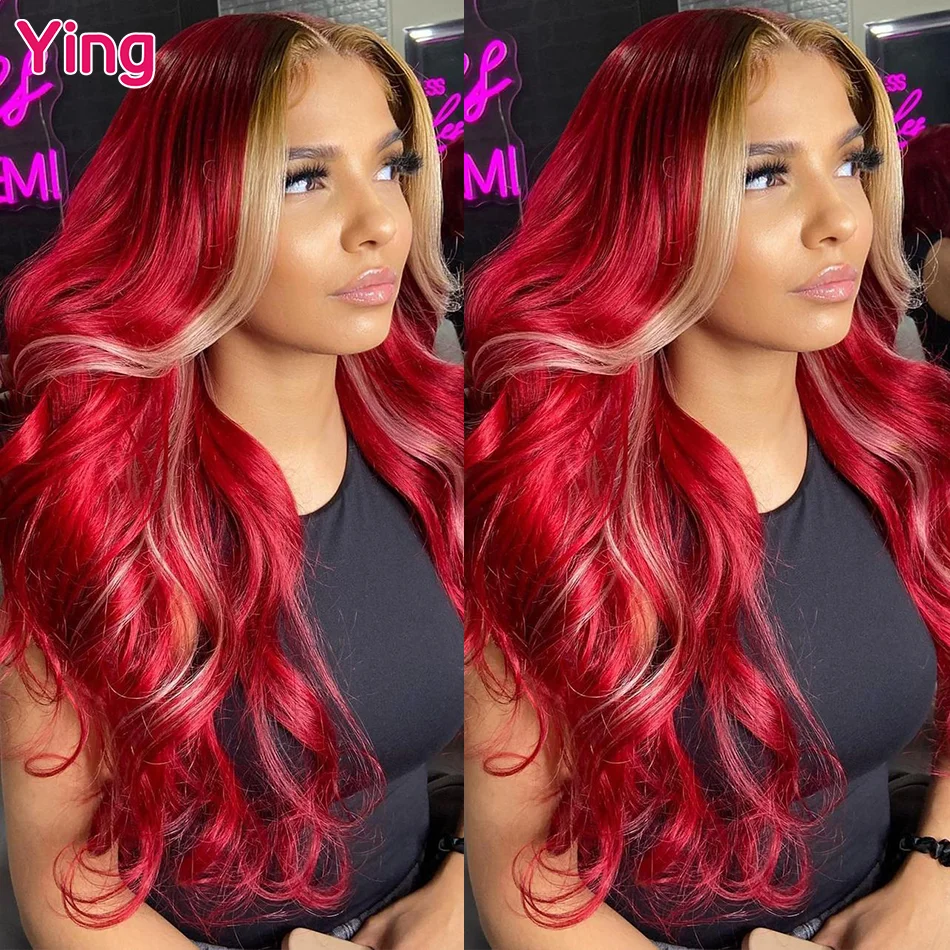 Ying Red Honey Blonde Streaks Body Wave 13x4 Lace Front Wig Human Hair 13x6 Lace Front Wig PrePlucked 5x5 Transparent Lace Wig