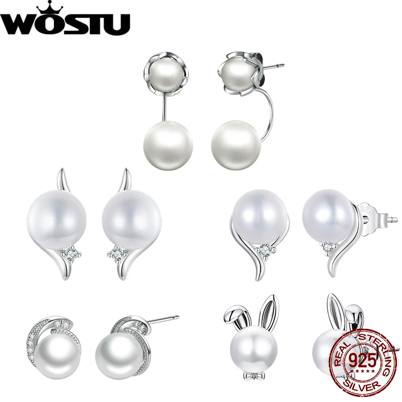 WOSTU 925 пробы серебряные серьги-гвоздики из натурального жемчуга с милым цирконием, оригинальные серьги для Wowem Dailly, девичьи вечерние, подарок, хорошее ювелирное изделие