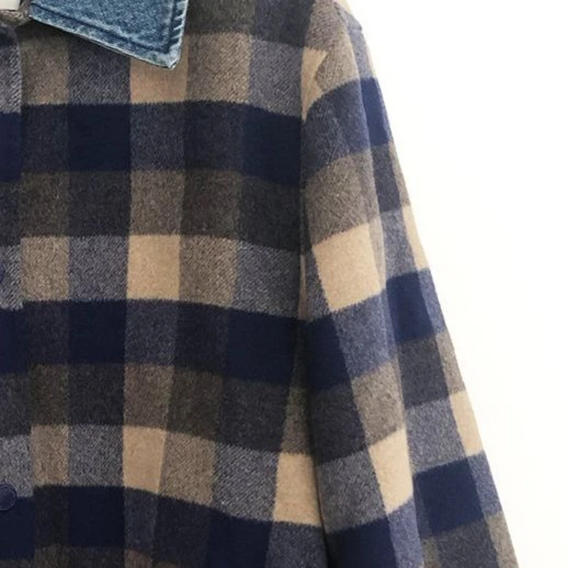 

Fake Two Pieces Women Plaid Woolen Coat Denim Stitching Collar Long Sleeve Ladies Loose Jackets