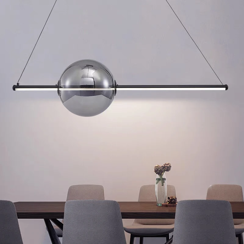 

Kobuc Modern Long Strip LED Glass Pendant Light Living Room Decoration Gray Bubble Glass Chandelier Dining Room Hanging Light