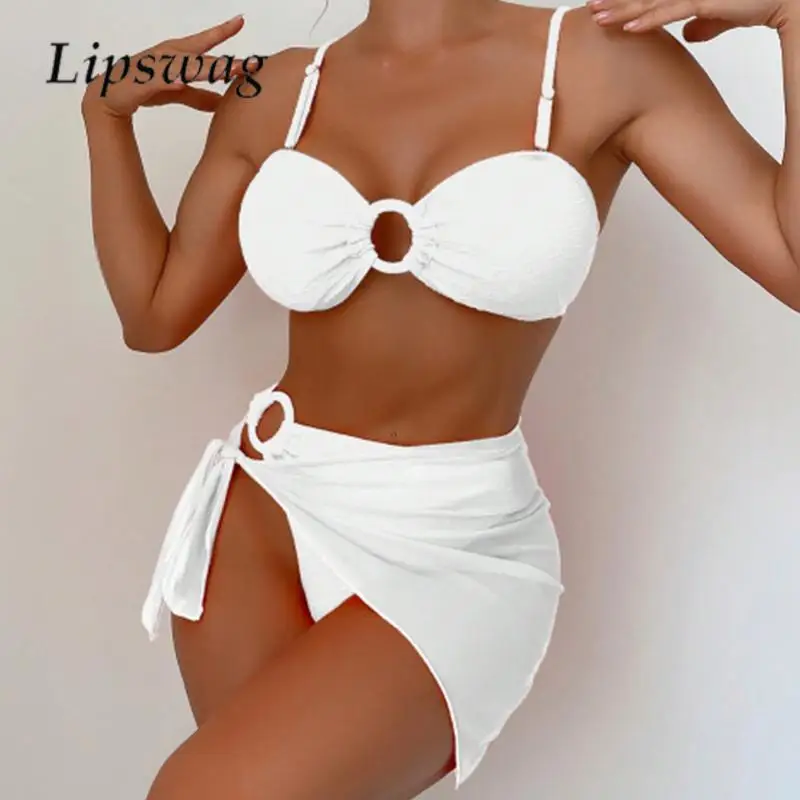 

Simple Women's Swimsuit Three-piece Set Fashion Hollow Out Solid Color Bikini Set Brazil Push Up Bra Set and Cover-up Skirt Set