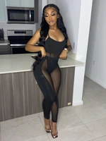 new sexy mesh splicing hollowed out 2 piece bodysuit outfits woman slim sleeveless see through pencil pants leggings set