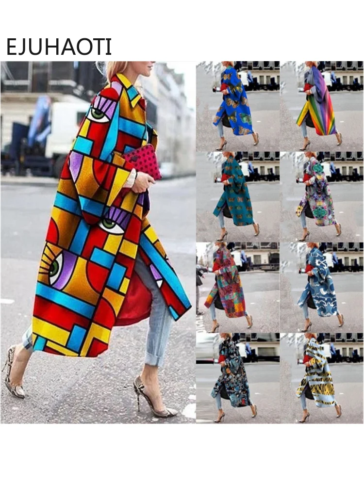 

Trench Coat for Women Winter Clothes Women 2022 New Arrivals Long Flare Sleeve Coat Printed Loose Windbreaker Long Coat Women