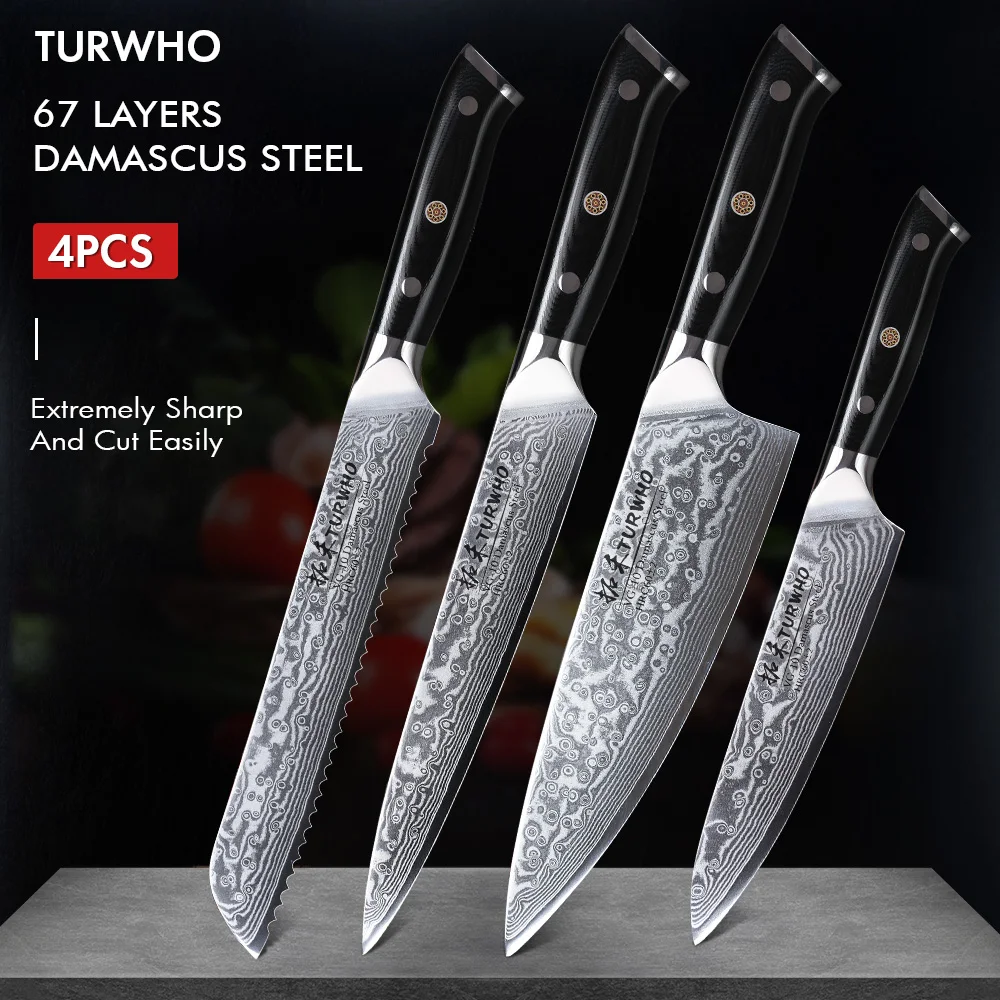 

Набор кухонных ножей TURWHO из японской дамасской стали VG10, 4 шт., 67 слоев, нож шеф-повара, нож для нарезки хлеба, Профессиональная кухонная техни...