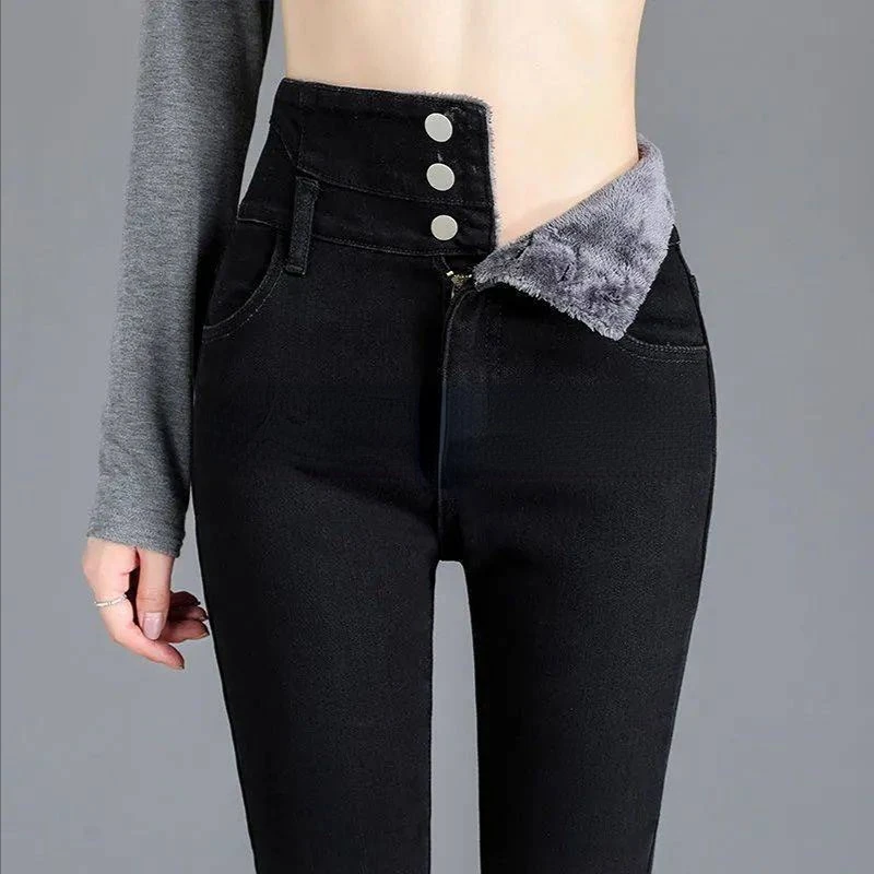 High Waist Jeans Women Pencil Pants Slim Tight-fitting Velvet Thickened Wearing Ankle-Length Pants Oversize Slouchy High Street