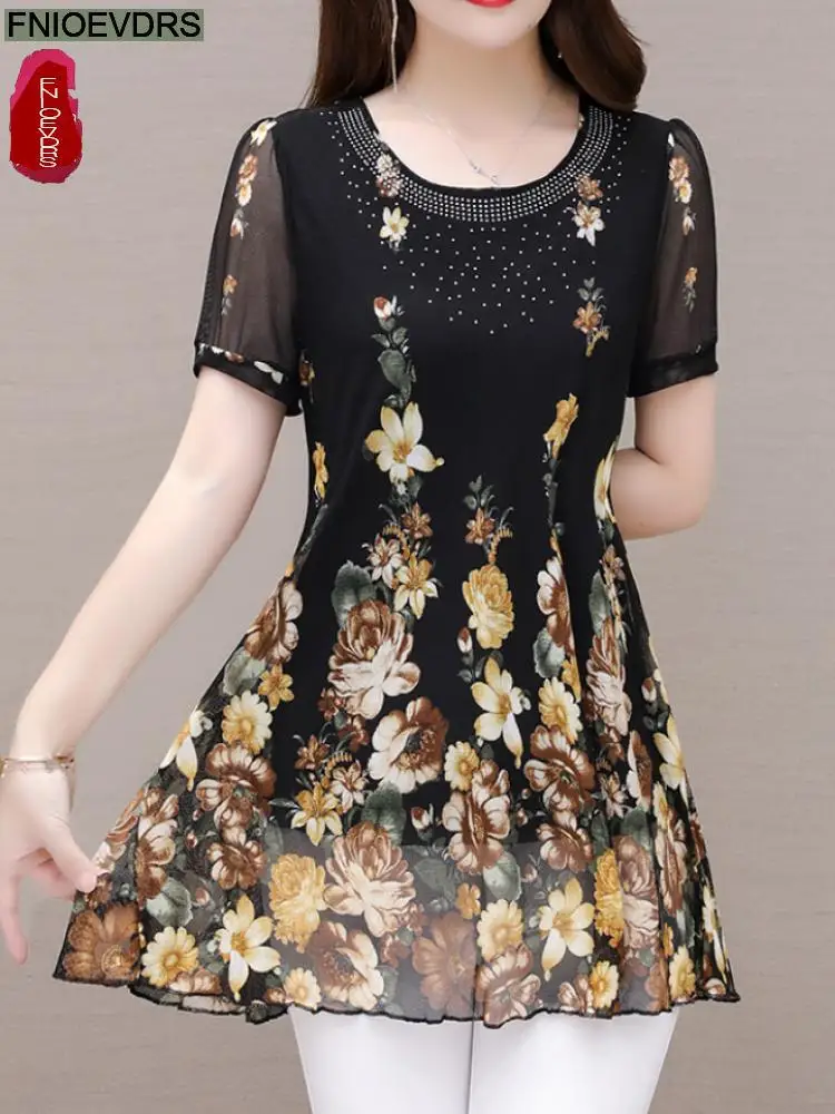 

2022 Summer Short Sleeve Loose Lazy Clothes Floral Women Vintage Blouses Long Shirt Female Casual Peplum Tunic Retro Sequin Tops