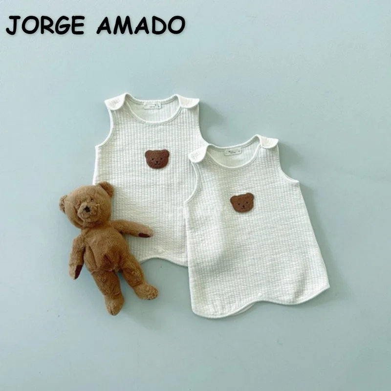 

2022 Korean Style Spring Girl Waistcoat Beige Sleeveless Cartoon Bear Belly Protection Vest Kids Pullover Clothes E2500