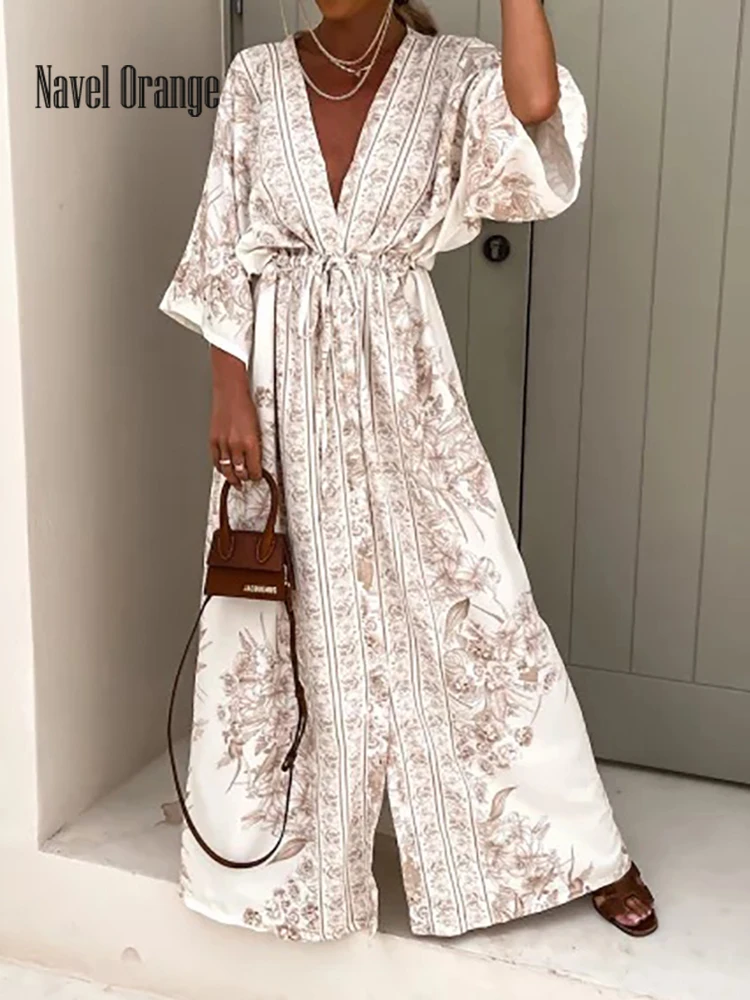 

Women Beach Style Spring Autumn Drawstring Party Dress Deep V-Neck Elegant Simple Ladies Maxi Dress 2022 Streetwear Dropshipping