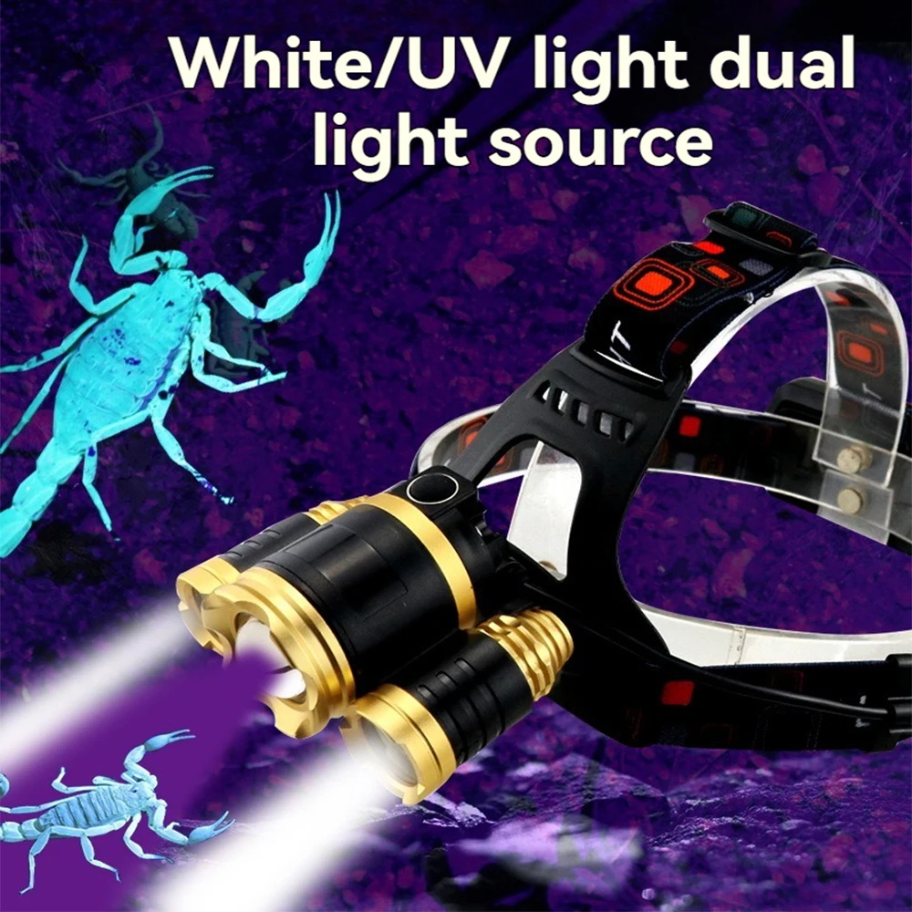 Мощный 3-головочный светодиодный налобный фонарь белый/УФ-свет Скорпион
