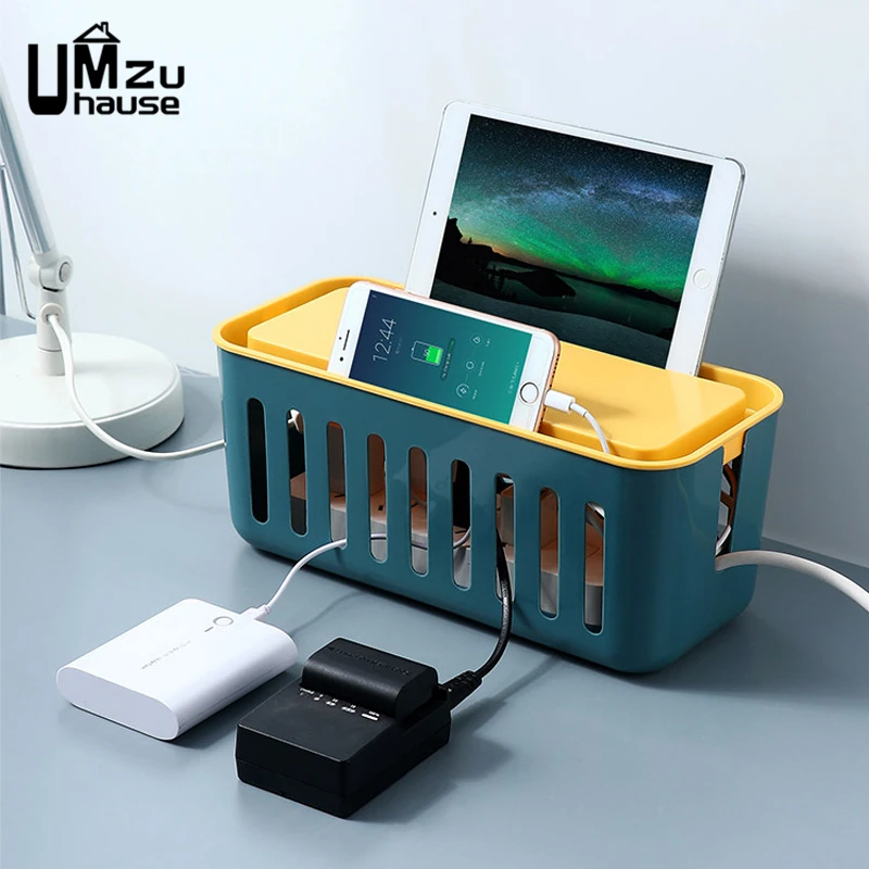 

Power Strip Storage Box Plug Board Outlet Cord Charge Cable Shell Desktop Hide Bin Organizer with Phone Stand Lid Protector Case