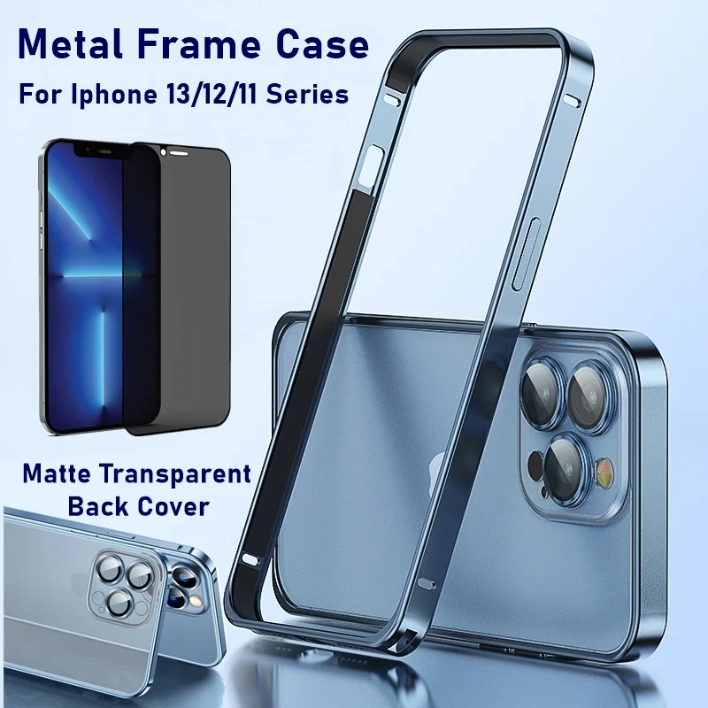 

Luxury Metal Frame Protection Case Full Lens Glass Cover Anti-drop Matte Transparent Back Cover For iPhone 13 12 11 Pro Max Mini