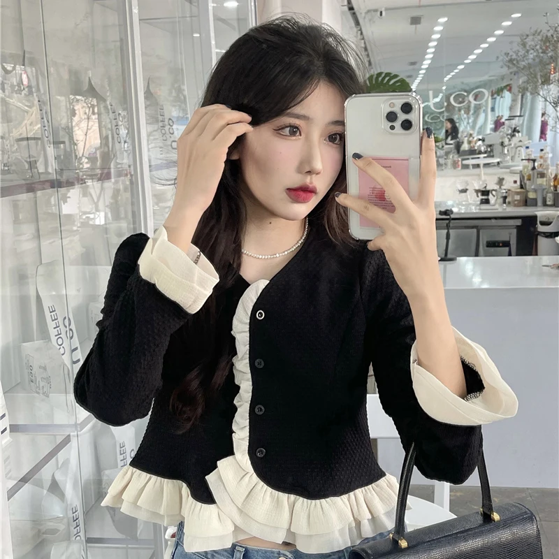 Кроп-рубашка Y2K женская с оборками милая блузка свободного покроя в Корейском